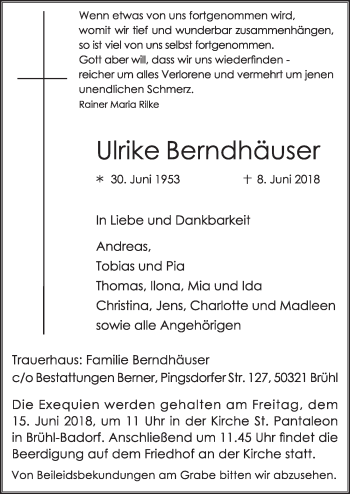 Anzeige von Ulrike Berndhäuser von  Kölner Wochenspiegel  Schlossbote/Werbekurier 