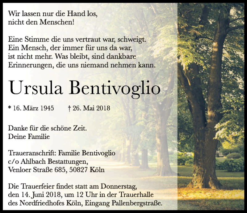  Traueranzeige für Ursula Bentivoglio vom 09.06.2018 aus Kölner Stadt-Anzeiger / Kölnische Rundschau / Express