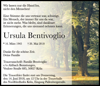 Anzeige von Ursula Bentivoglio von Kölner Stadt-Anzeiger / Kölnische Rundschau / Express
