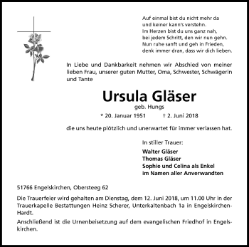 Anzeige von Ursula Gläser von Kölner Stadt-Anzeiger / Kölnische Rundschau / Express