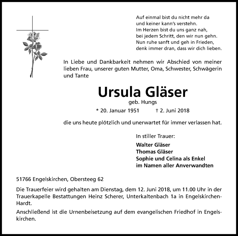  Traueranzeige für Ursula Gläser vom 06.06.2018 aus Kölner Stadt-Anzeiger / Kölnische Rundschau / Express