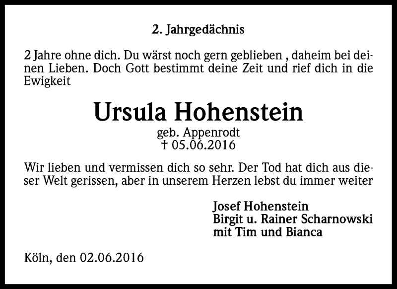  Traueranzeige für Ursula Hohenstein vom 02.06.2018 aus Kölner Stadt-Anzeiger / Kölnische Rundschau / Express