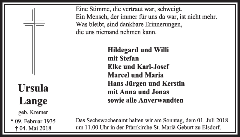  Traueranzeige für Ursula Lange vom 23.06.2018 aus  Sonntags-Post 