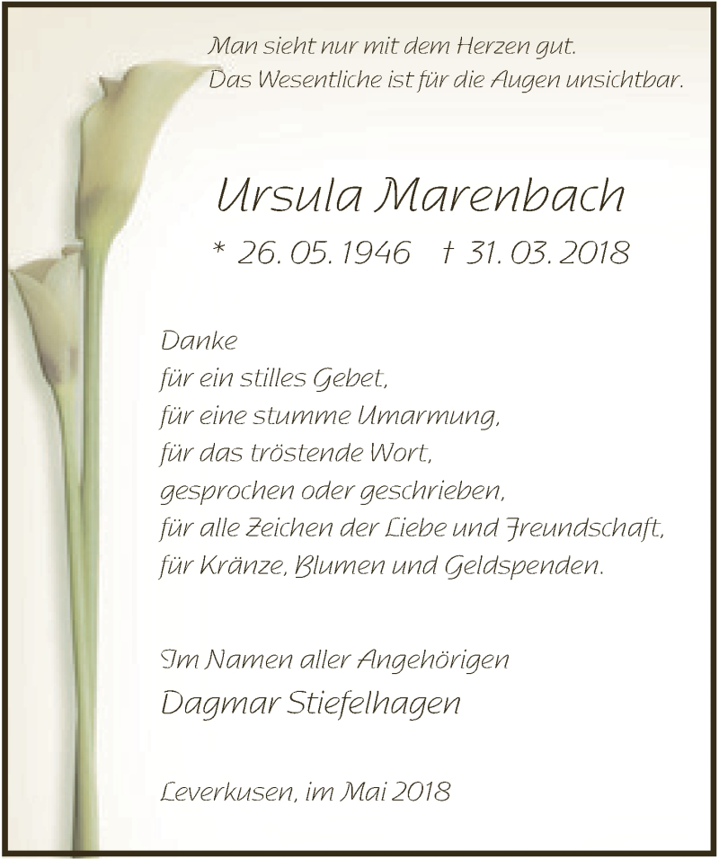  Traueranzeige für Ursula Marenbach vom 02.06.2018 aus  Leverkusener Wochenende 