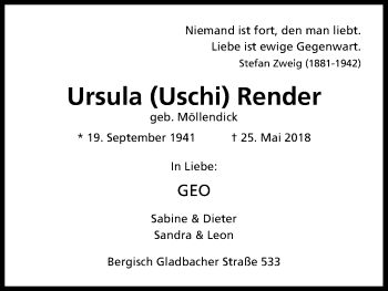 Anzeige von Ursula  Render von Kölner Stadt-Anzeiger / Kölnische Rundschau / Express