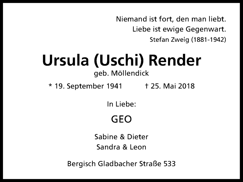  Traueranzeige für Ursula  Render vom 09.06.2018 aus Kölner Stadt-Anzeiger / Kölnische Rundschau / Express