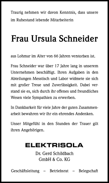 Anzeige von Ursula Schneider von Kölner Stadt-Anzeiger / Kölnische Rundschau / Express