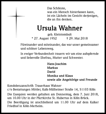 Anzeige von Ursula Wahner von Kölner Stadt-Anzeiger / Kölnische Rundschau / Express