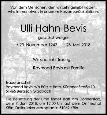 Anzeige von Ursula Ulli Hahn-Bevis von Kölner Stadt-Anzeiger / Kölnische Rundschau / Express