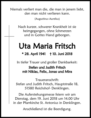 Anzeige von Uta Maria Fritsch von Kölner Stadt-Anzeiger / Kölnische Rundschau / Express