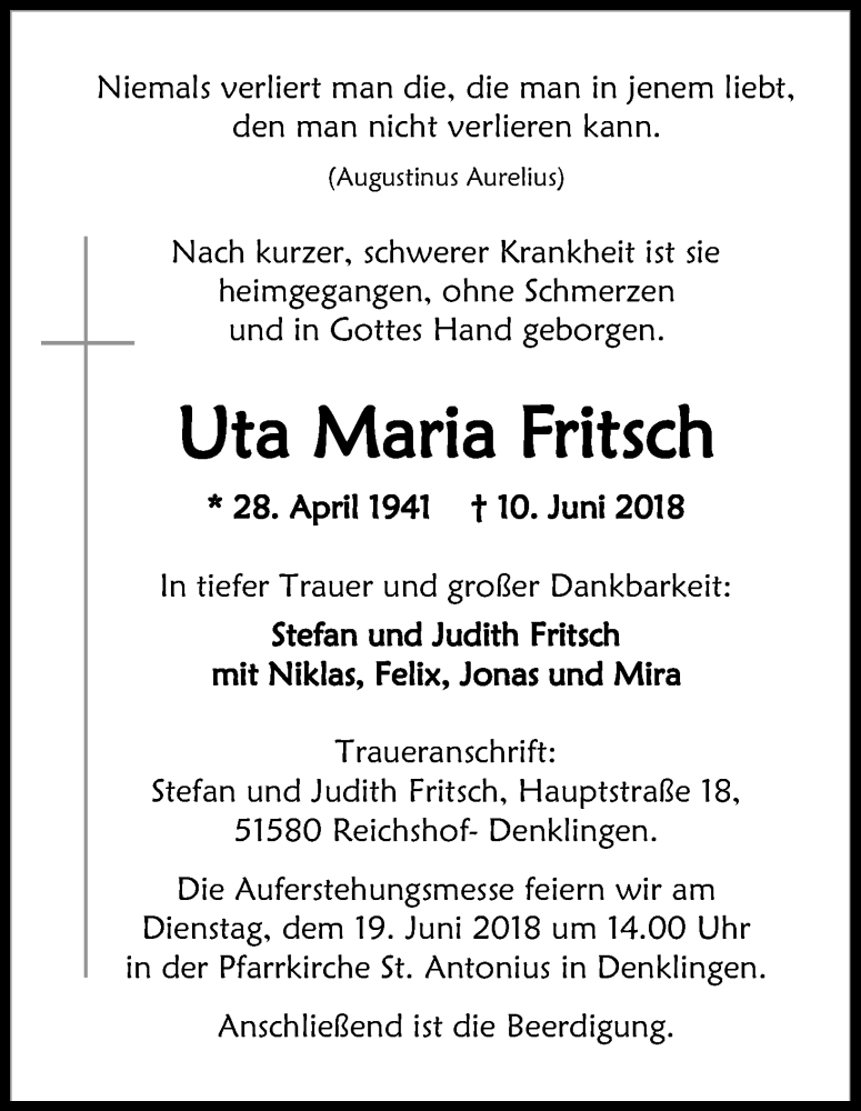  Traueranzeige für Uta Maria Fritsch vom 14.06.2018 aus Kölner Stadt-Anzeiger / Kölnische Rundschau / Express