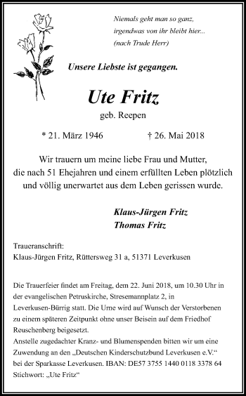 Anzeige von Ute Fritz von Kölner Stadt-Anzeiger / Kölnische Rundschau / Express