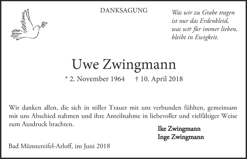  Traueranzeige für Uwe Zwingmann vom 09.06.2018 aus  Blickpunkt Euskirchen 
