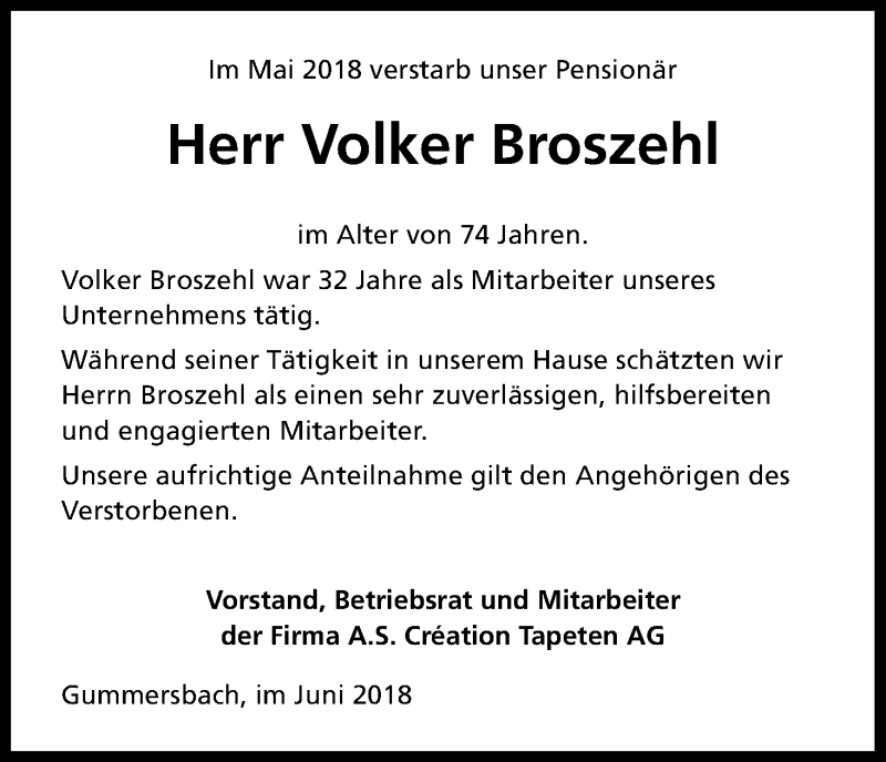  Traueranzeige für Volker Broszehl vom 16.06.2018 aus Kölner Stadt-Anzeiger / Kölnische Rundschau / Express