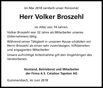 Anzeige von Volker Broszehl von Kölner Stadt-Anzeiger / Kölnische Rundschau / Express
