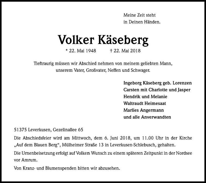  Traueranzeige für Volker Käseberg vom 02.06.2018 aus Kölner Stadt-Anzeiger / Kölnische Rundschau / Express