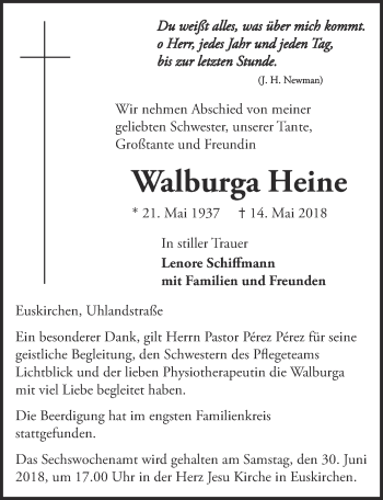 Anzeige von Walburga Heine von  Blickpunkt Euskirchen 