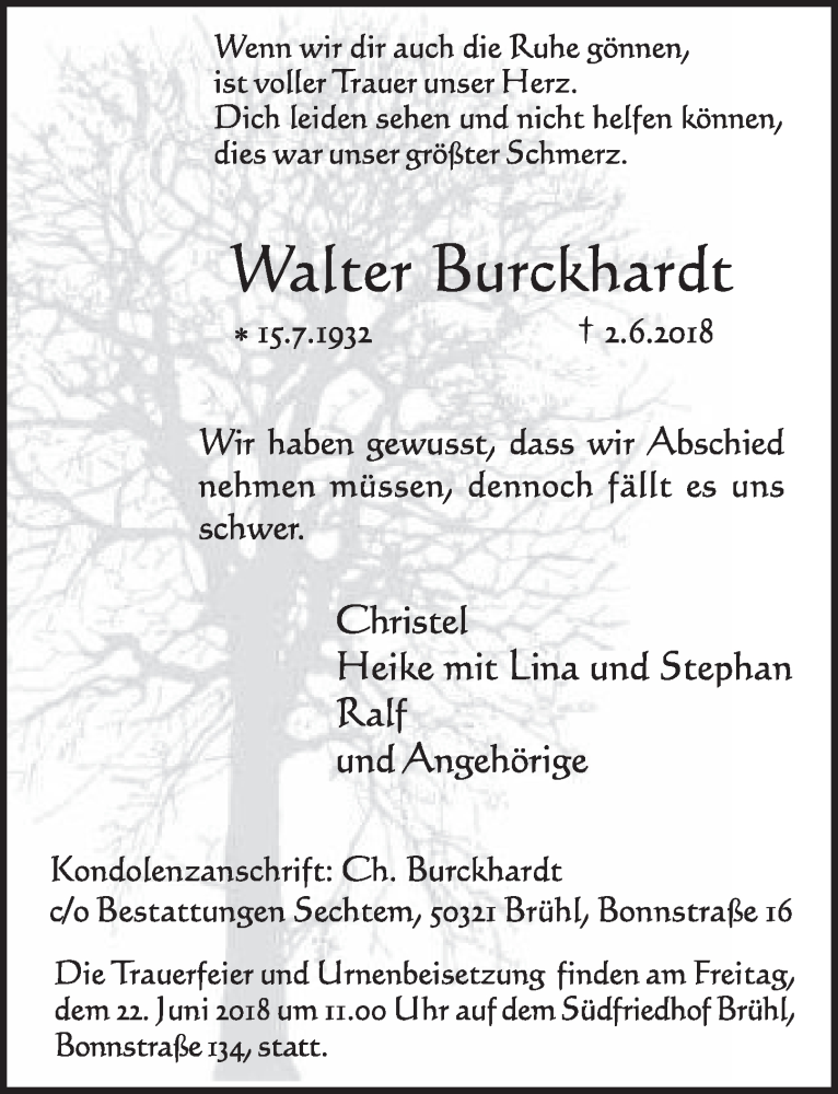  Traueranzeige für Walter Burckhardt vom 13.06.2018 aus  Schlossbote/Werbekurier 