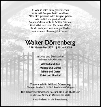 Anzeige von Walter Dörrenberg von Kölner Stadt-Anzeiger / Kölnische Rundschau / Express