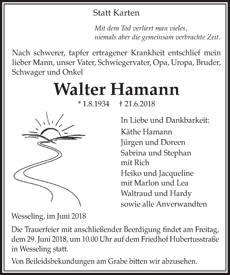  Traueranzeige für Walter Hamann vom 27.06.2018 aus  Schlossbote/Werbekurier 