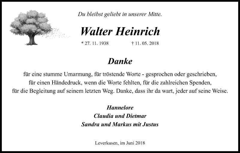  Traueranzeige für Walter Heinrich vom 16.06.2018 aus Kölner Stadt-Anzeiger / Kölnische Rundschau / Express