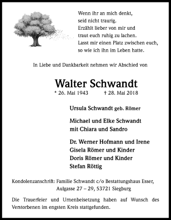 Anzeige von Walter Schwandt von Kölner Stadt-Anzeiger / Kölnische Rundschau / Express