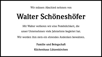Anzeige von Walter Schöneshöfer von Kölner Stadt-Anzeiger / Kölnische Rundschau / Express