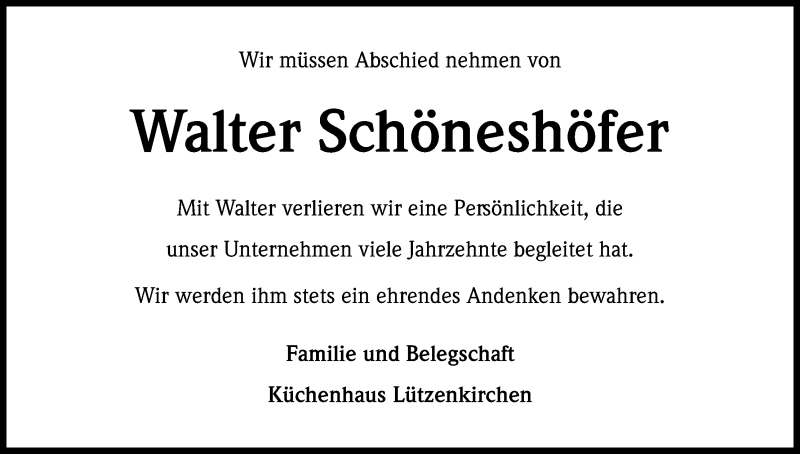  Traueranzeige für Walter Schöneshöfer vom 09.06.2018 aus Kölner Stadt-Anzeiger / Kölnische Rundschau / Express