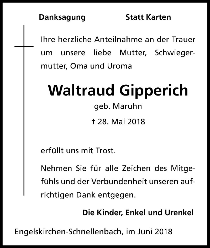  Traueranzeige für Waltraud Gipperich vom 16.06.2018 aus Kölner Stadt-Anzeiger / Kölnische Rundschau / Express