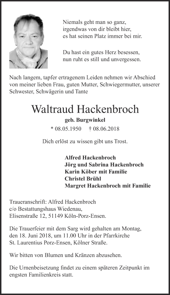  Traueranzeige für Waltraud Hackenbroch vom 13.06.2018 aus  Kölner Wochenspiegel 