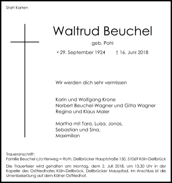 Anzeige von Waltrud Beuchel von Kölner Stadt-Anzeiger / Kölnische Rundschau / Express