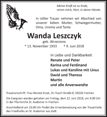Anzeige von Wanda Leszczyk von  Sonntags-Post 