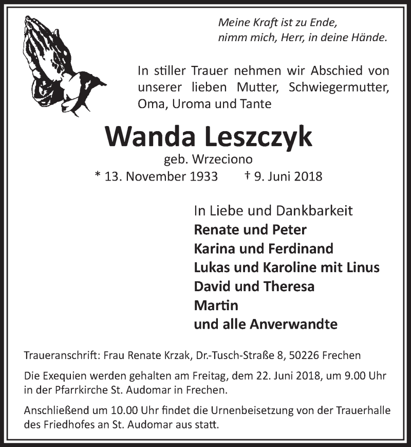  Traueranzeige für Wanda Leszczyk vom 16.06.2018 aus  Sonntags-Post 