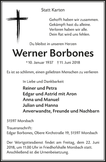 Anzeige von Werner Borbones von  Lokalanzeiger 