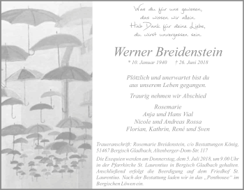 Anzeige von Werner Breidenstein von Kölner Stadt-Anzeiger / Kölnische Rundschau / Express