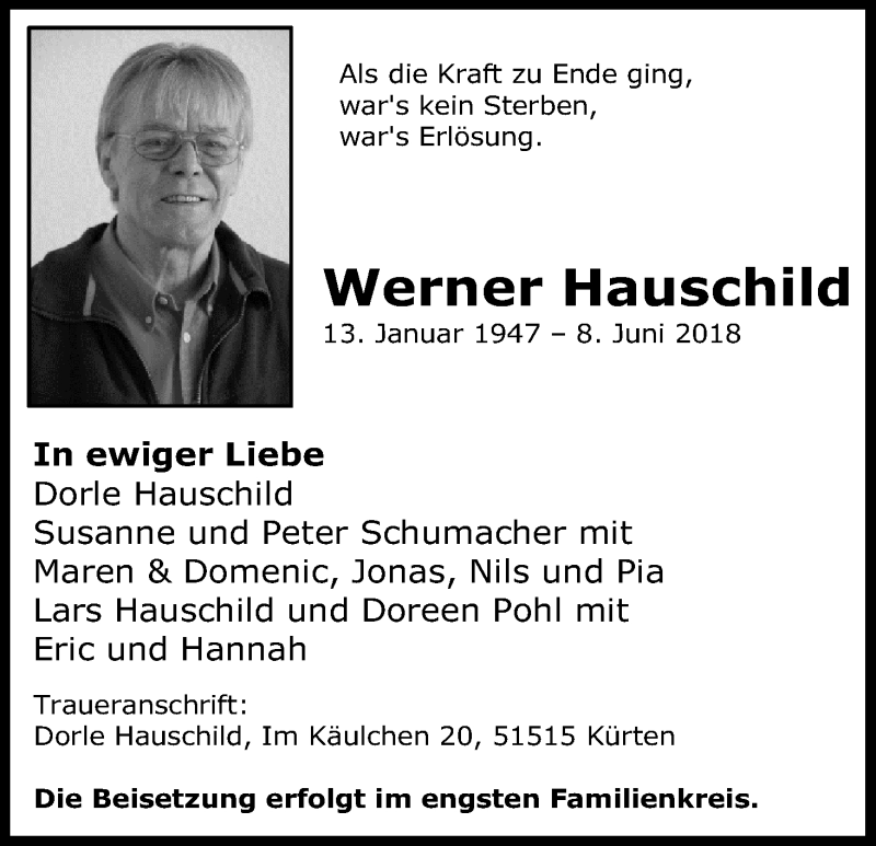  Traueranzeige für Werner Hauschild vom 14.06.2018 aus Kölner Stadt-Anzeiger / Kölnische Rundschau / Express
