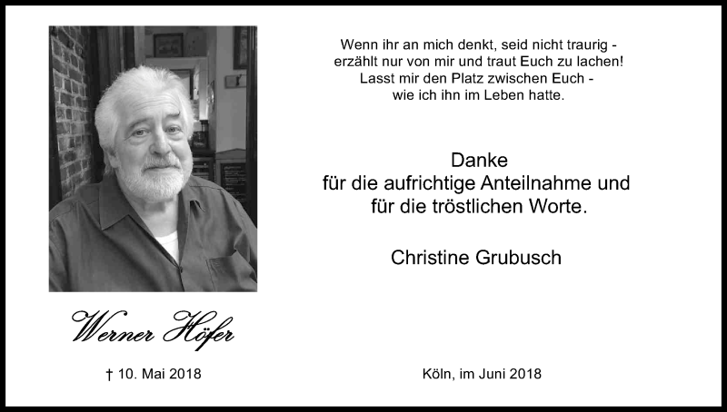  Traueranzeige für Werner Höfer vom 02.06.2018 aus Kölner Stadt-Anzeiger / Kölnische Rundschau / Express