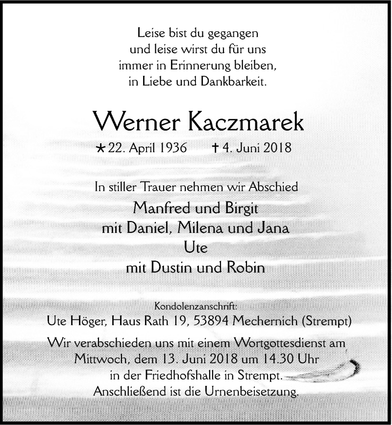  Traueranzeige für Werner Kaczmarek vom 09.06.2018 aus  Blickpunkt Euskirchen 