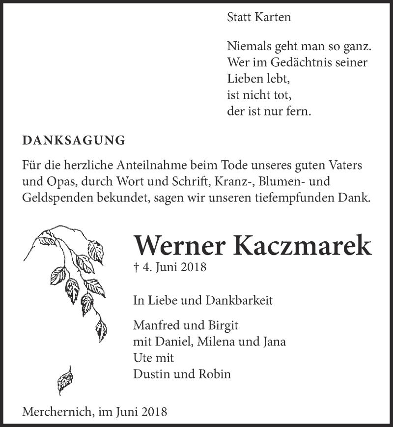  Traueranzeige für Werner Kaczmarek vom 30.06.2018 aus  Blickpunkt Euskirchen 