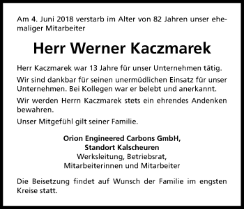 Anzeige von Werner Kaczmarek von Kölner Stadt-Anzeiger / Kölnische Rundschau / Express