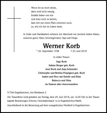 Anzeige von Werner Korb von Kölner Stadt-Anzeiger / Kölnische Rundschau / Express