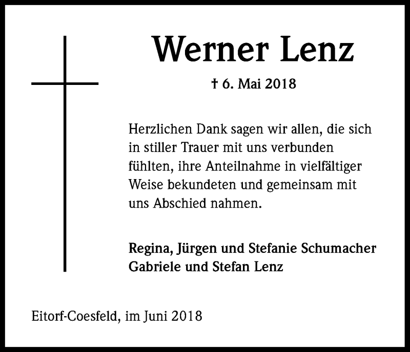  Traueranzeige für Werner Lenz vom 09.06.2018 aus Kölner Stadt-Anzeiger / Kölnische Rundschau / Express