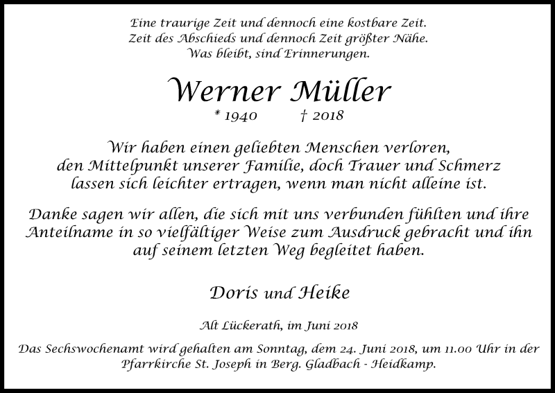  Traueranzeige für Werner Müller vom 16.06.2018 aus Kölner Stadt-Anzeiger / Kölnische Rundschau / Express