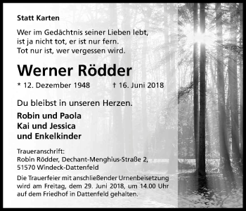 Anzeige von Werner Rödder von Kölner Stadt-Anzeiger / Kölnische Rundschau / Express