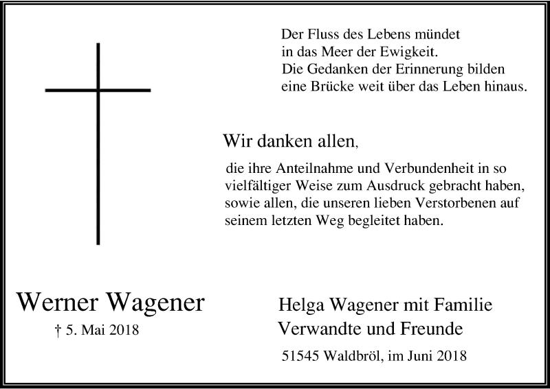  Traueranzeige für Werner Wagener vom 30.06.2018 aus Kölner Stadt-Anzeiger / Kölnische Rundschau / Express