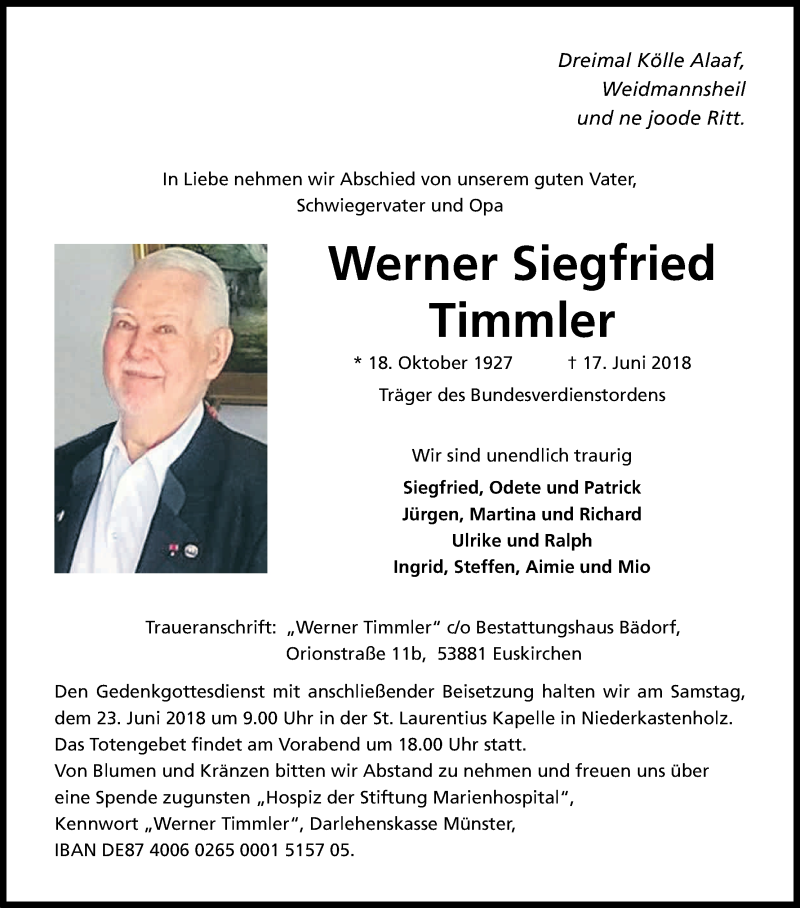  Traueranzeige für Werner Siegfried Timmler vom 20.06.2018 aus Kölner Stadt-Anzeiger / Kölnische Rundschau / Express