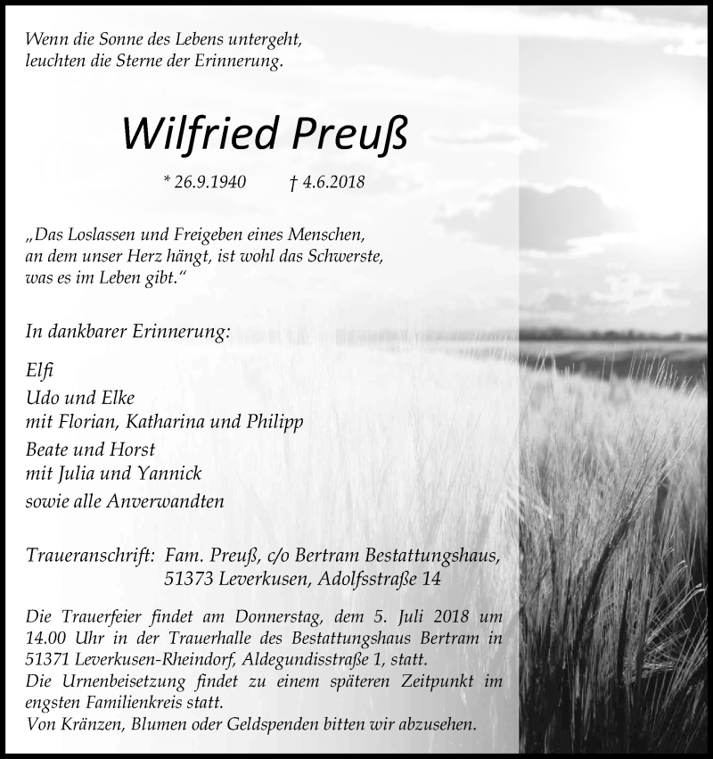  Traueranzeige für Wilfried Preuß vom 16.06.2018 aus Kölner Stadt-Anzeiger / Kölnische Rundschau / Express