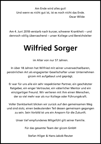 Anzeige von Wilfried Sorger von Kölner Stadt-Anzeiger / Kölnische Rundschau / Express