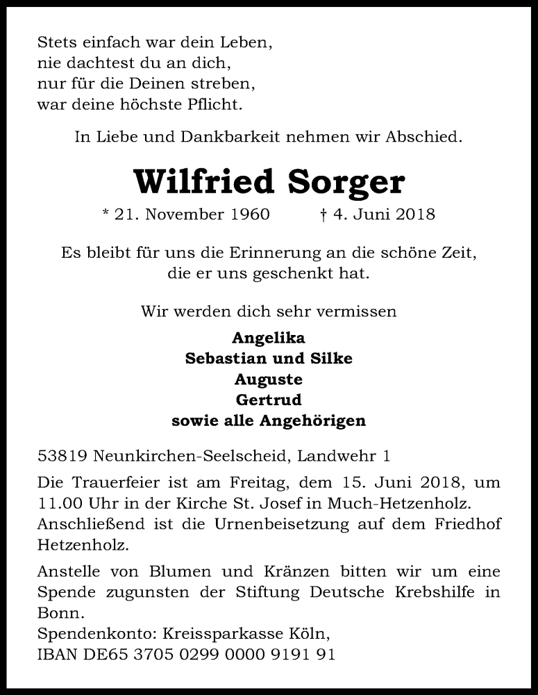  Traueranzeige für Wilfried Sorger vom 09.06.2018 aus Kölner Stadt-Anzeiger / Kölnische Rundschau / Express