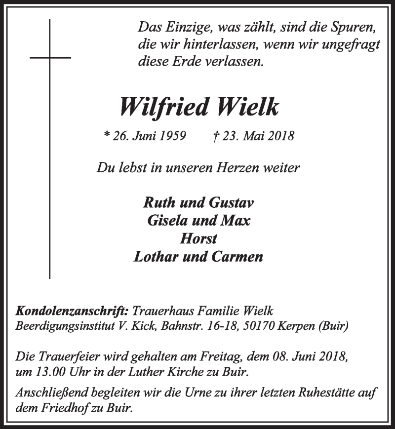  Traueranzeige für Wilfried Wielk vom 02.06.2018 aus  Sonntags-Post 